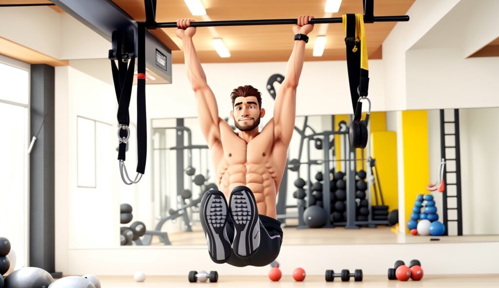 a muscular man performing hanging leg raises.